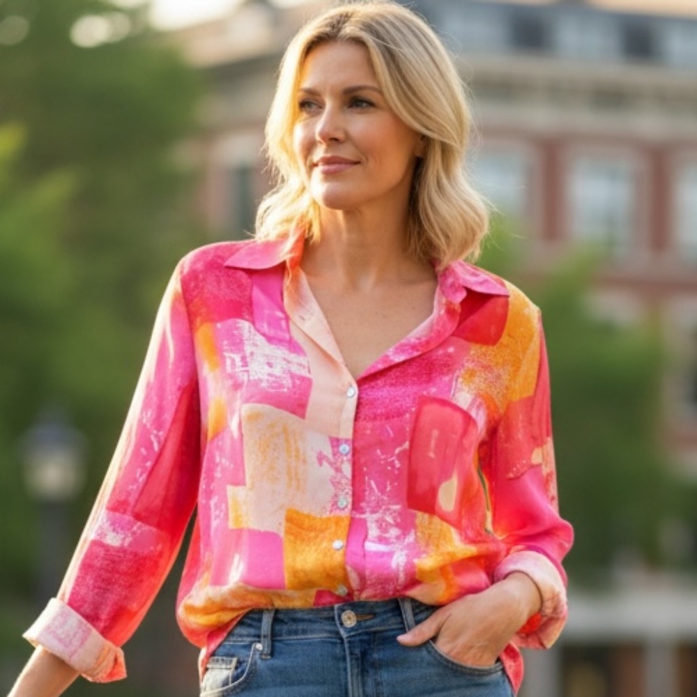 Petite Worthington Button Down 100% Silk Blouse with Notched Collar Size Med